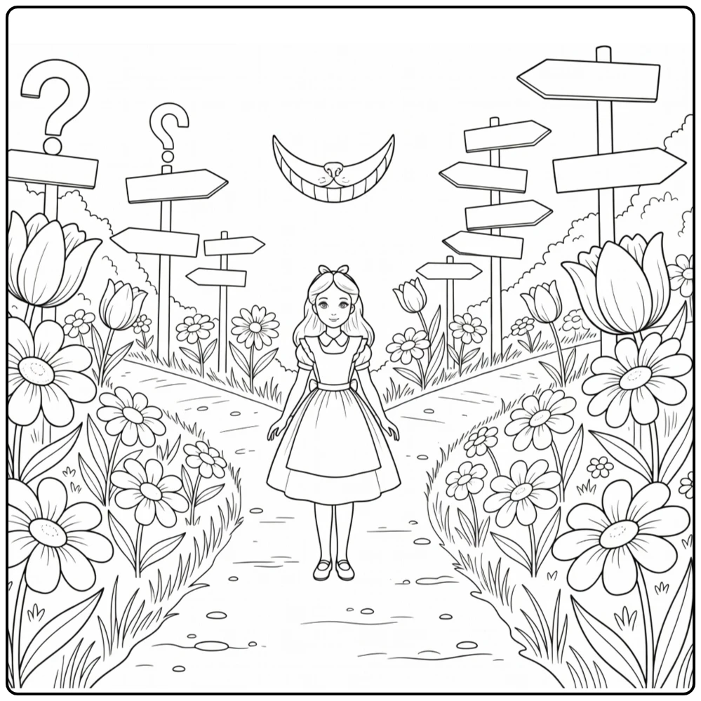 alice in wonderland with gevorkt bospad with reuzenbloemen coloring page