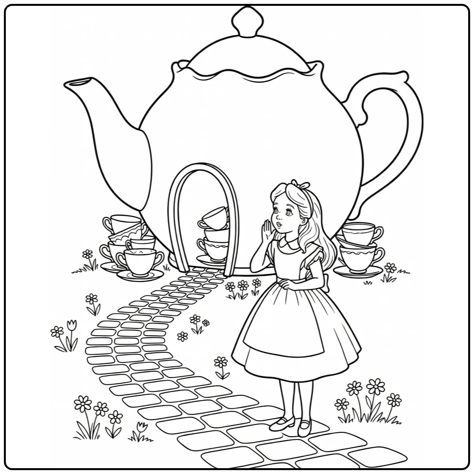 alice in wonderland with gigantisch theepothuis and pad coloring page