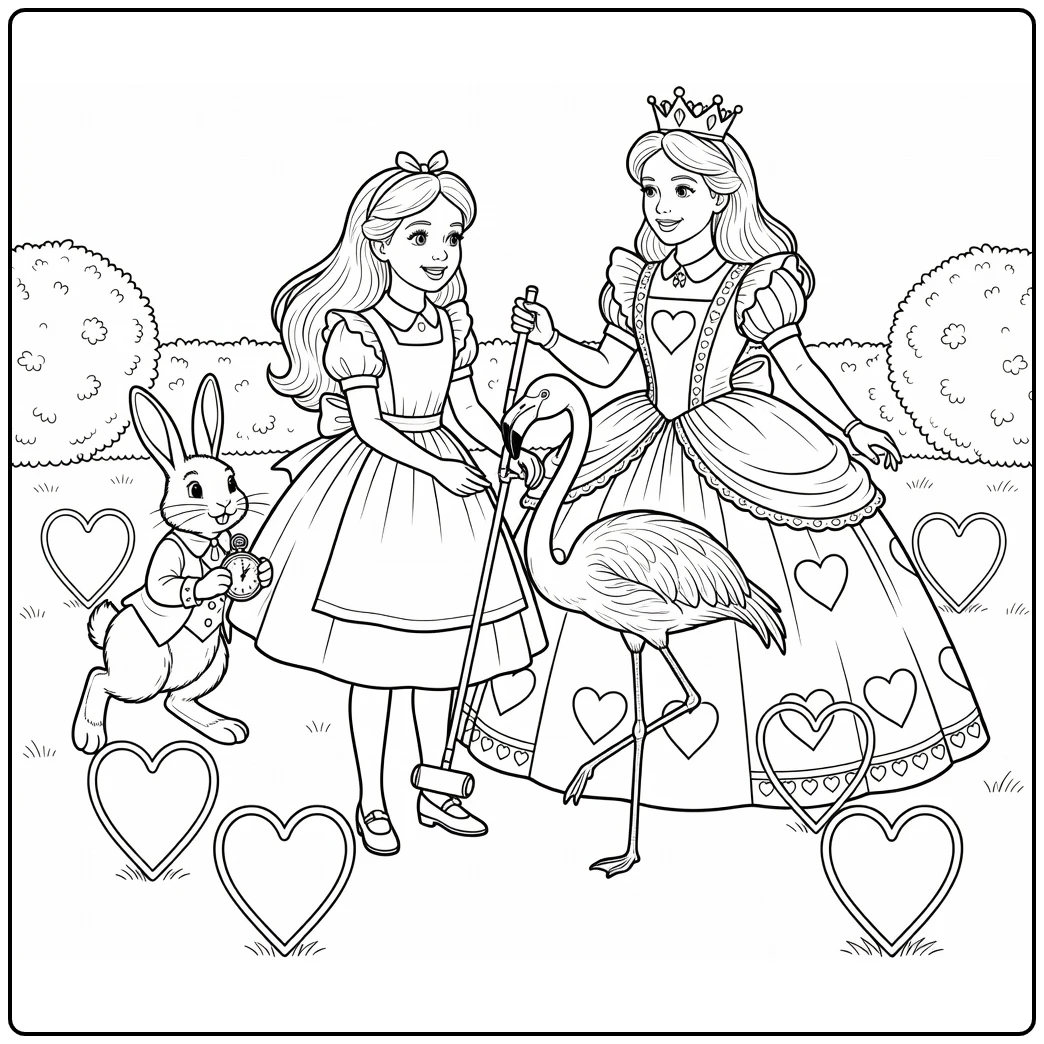 alice in wonderland croqutscne with koningin and flamingo coloring page
