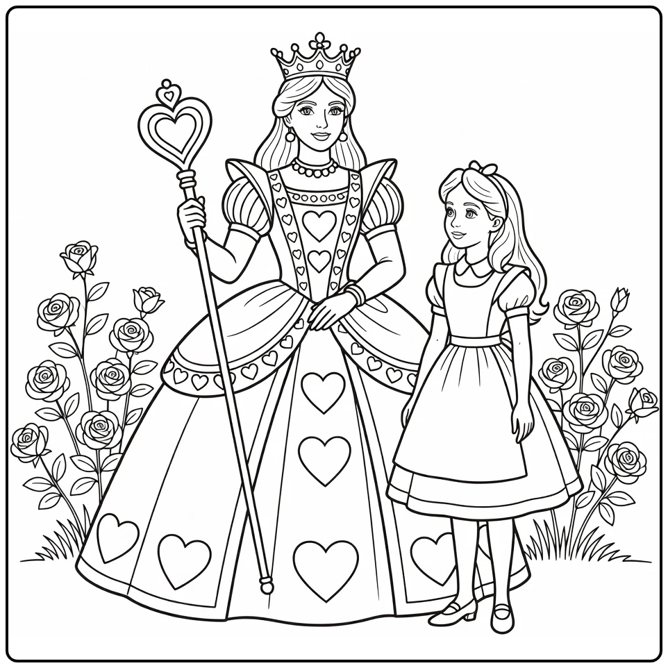 alice in wonderland hartenkoningin in tuin with alice coloring page