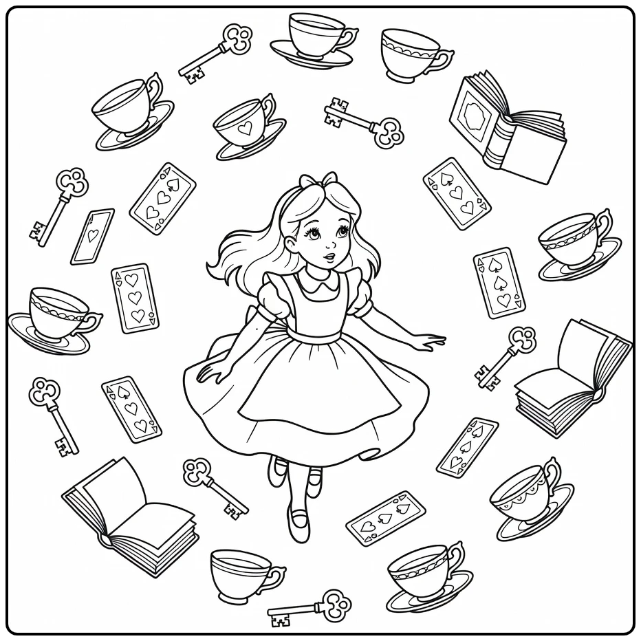 alice in wonderland in konijnenhol with boeken and kaarten coloring page