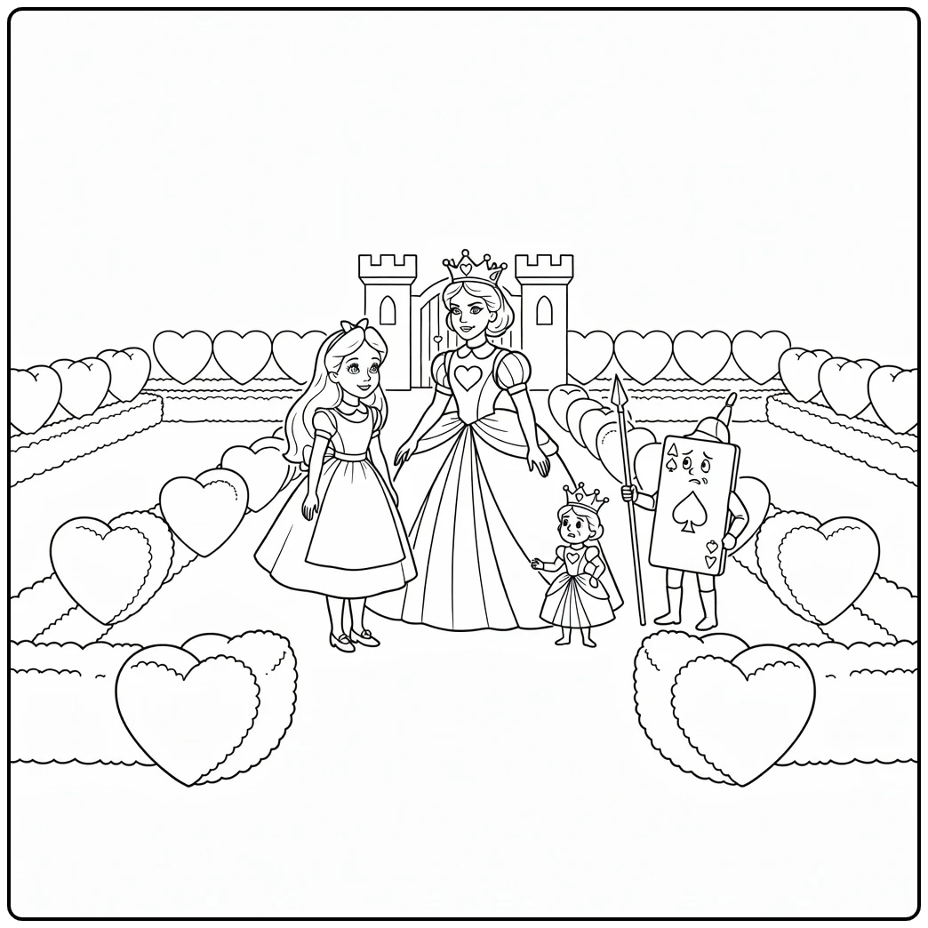 alice in wonderland in koninklijk hartenhof coloring page