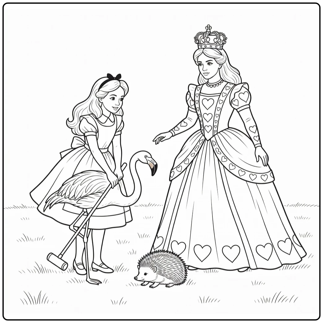 alice in wonderland kroket with koningin of hart coloring page