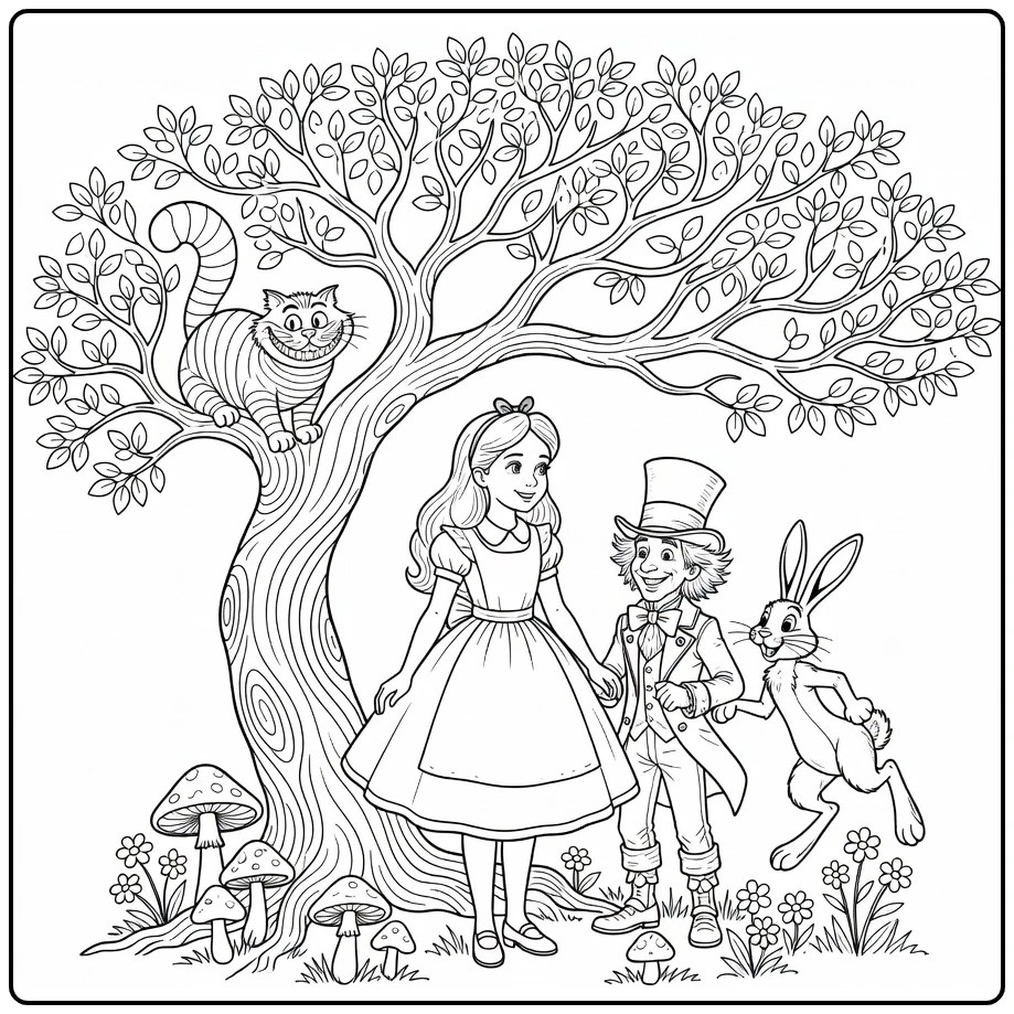 alice in wonderland under big boom with paddenstoelen coloring page