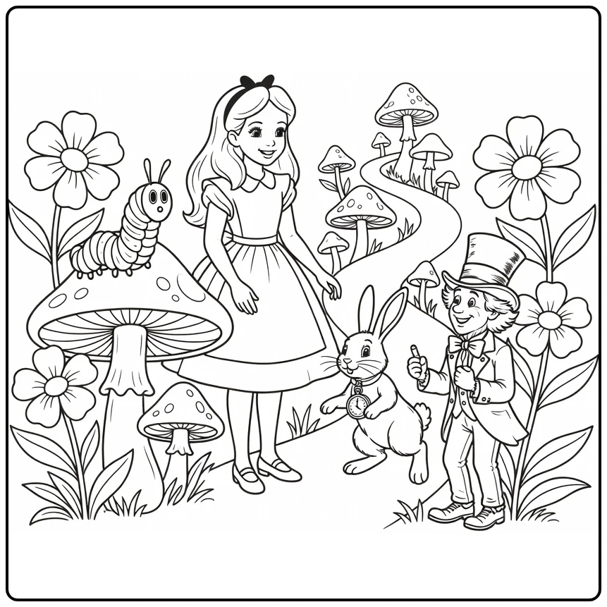 alice in wonderland scene with magisch paddenstoelenpad coloring page