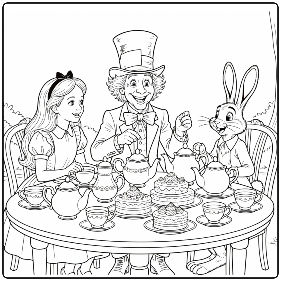alice in wonderland theepartij with haas and hoedenmaker coloring page