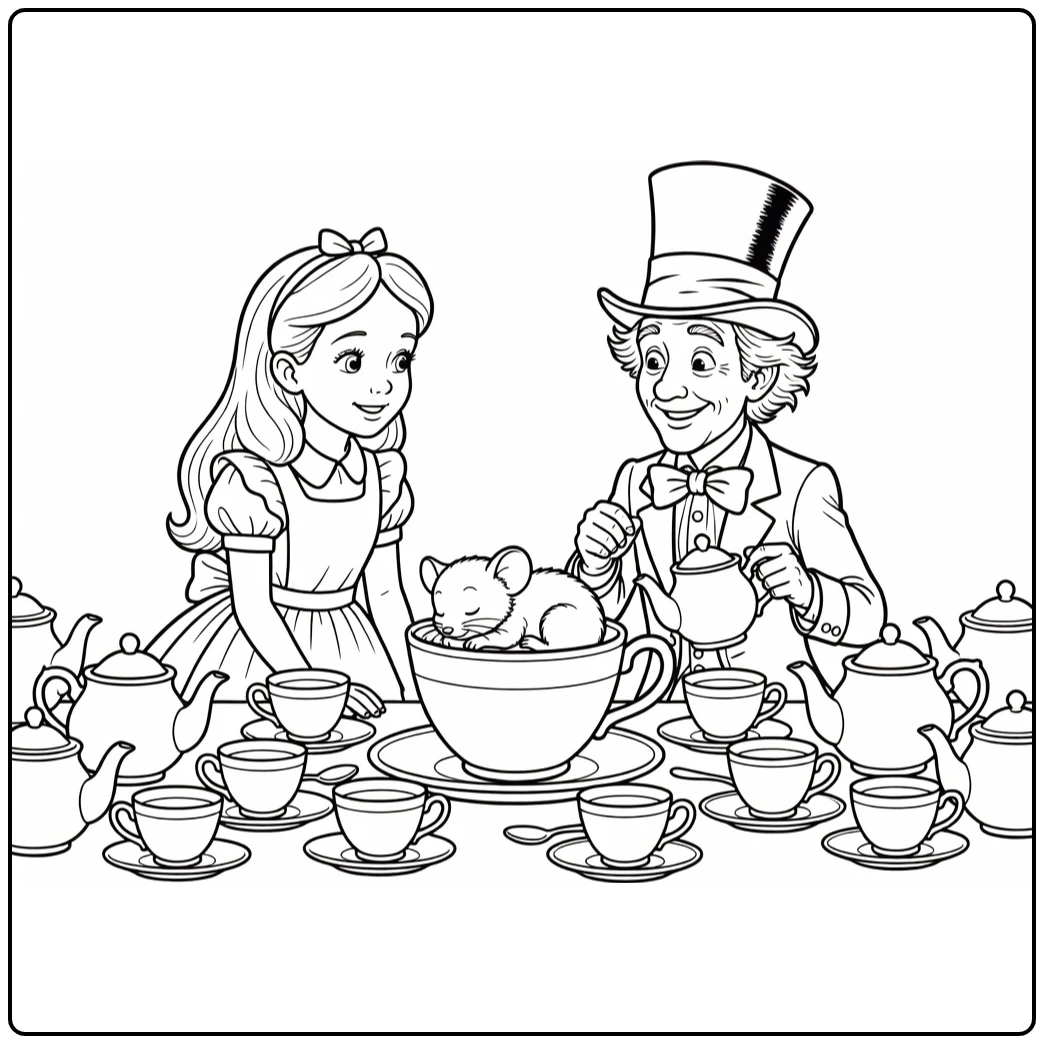 alice in wonderland theepartij with nieuwsgierige alice and hoedenmaker coloring page