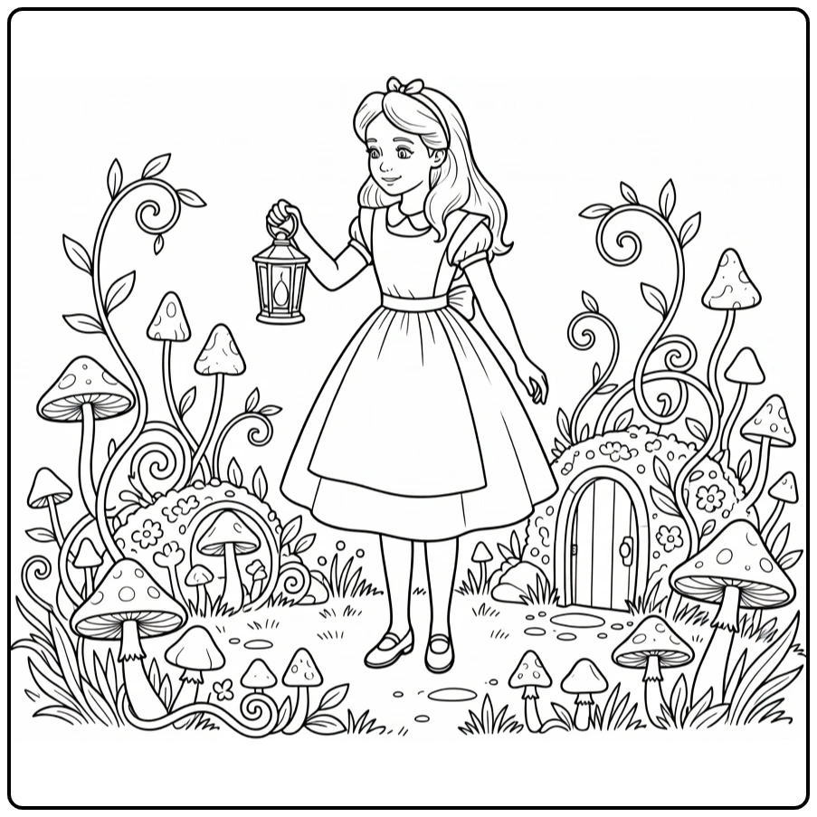 alice in wonderland verkent rustige wonderland tuin s nachts coloring page