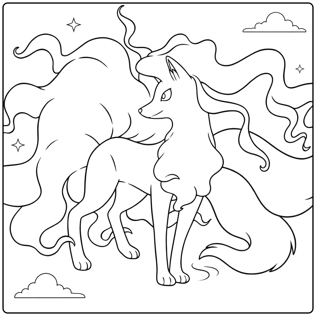 Alolan Ninetales in Icy Pose with Clouds coloring page