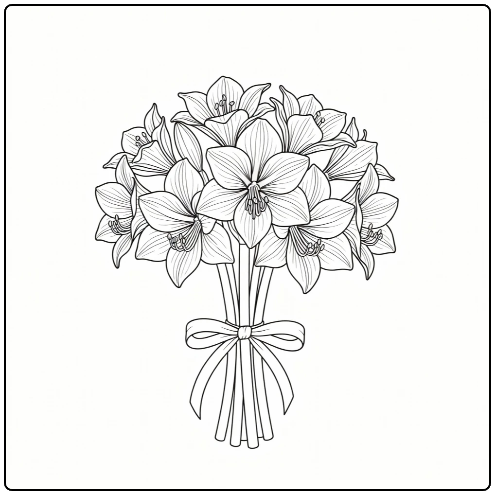 Amaryllis coloring page featuring a flower bouquet tied with ribbon