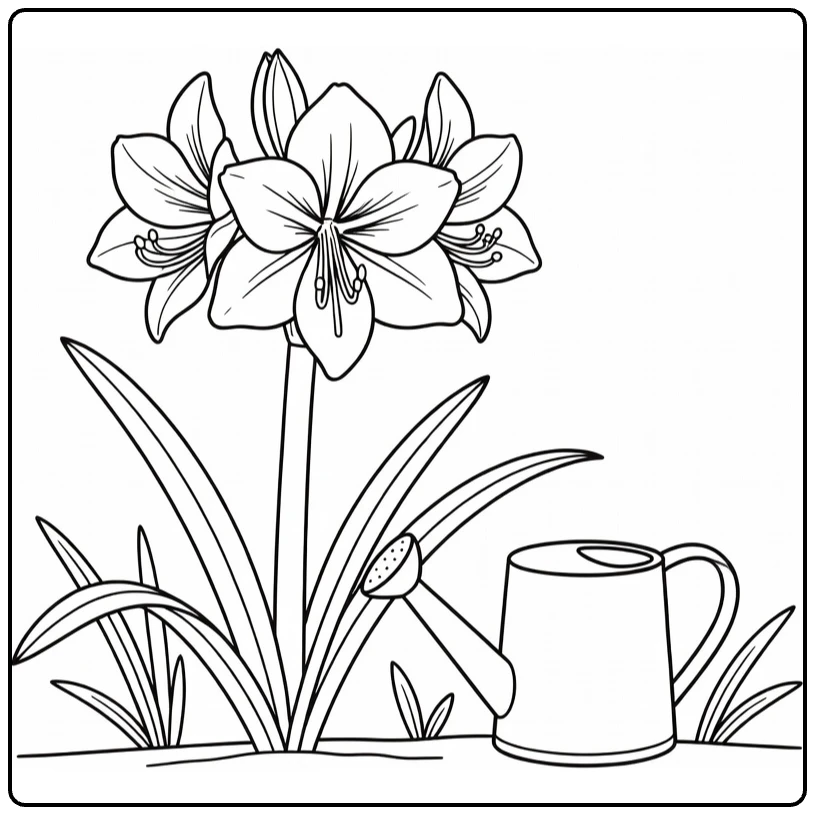 Amaryllis coloring page showing a bloom next to a watering can