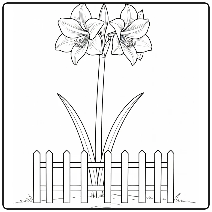 Amaryllis coloring page featuring flowers near a garden fence