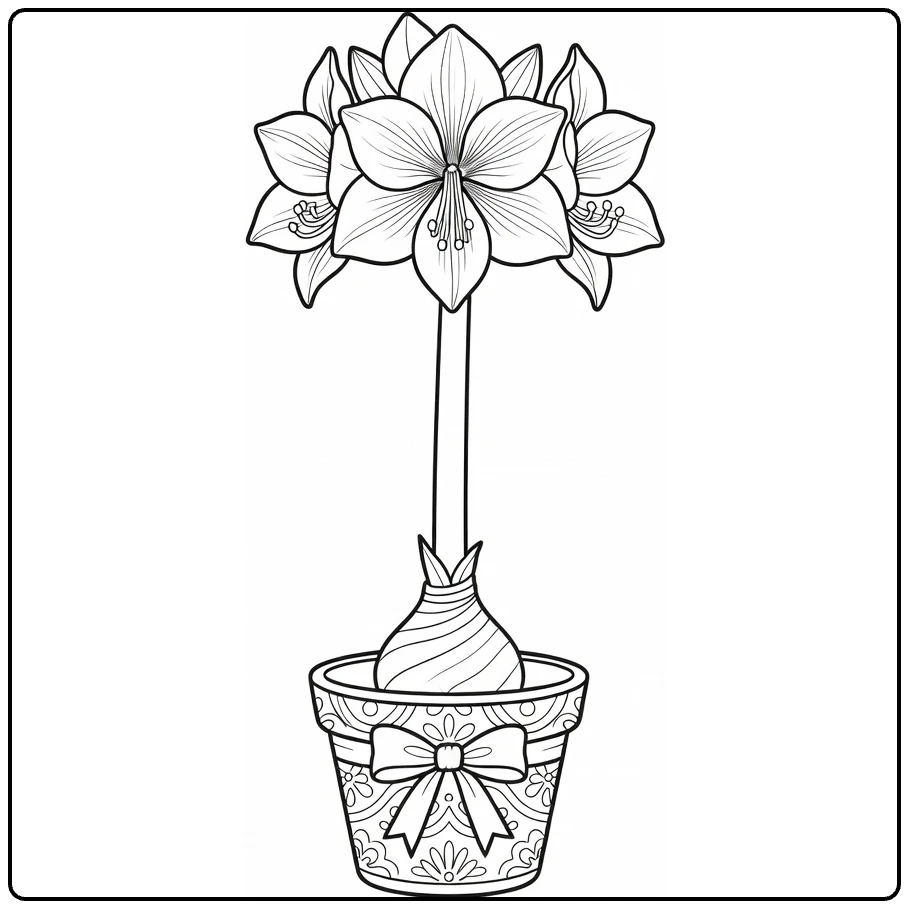 Amaryllis coloring page showing a flower bulb in a decorative pot
