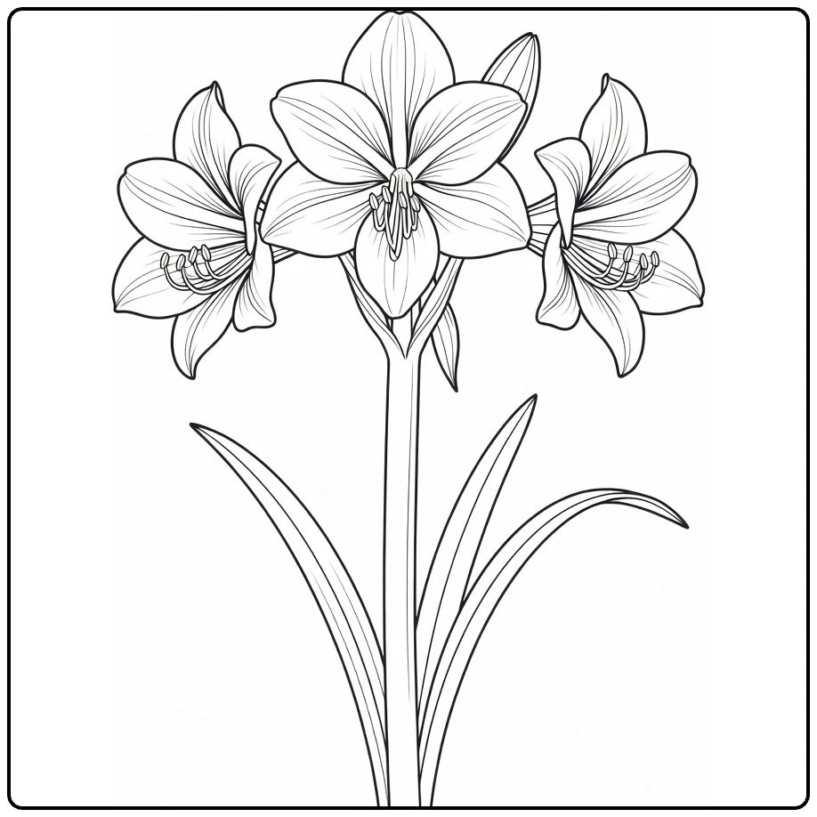 Amaryllis coloring page showing three flowers and long leaves