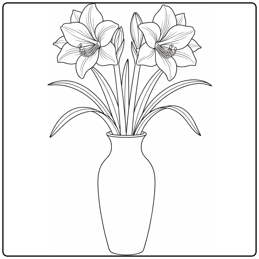 Amaryllis coloring page featuring flowers arranged in a vase