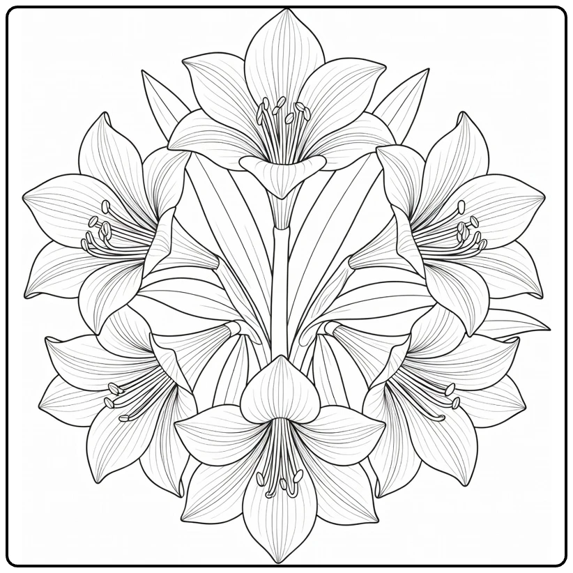Amaryllis coloring page featuring flowers in a round pattern
