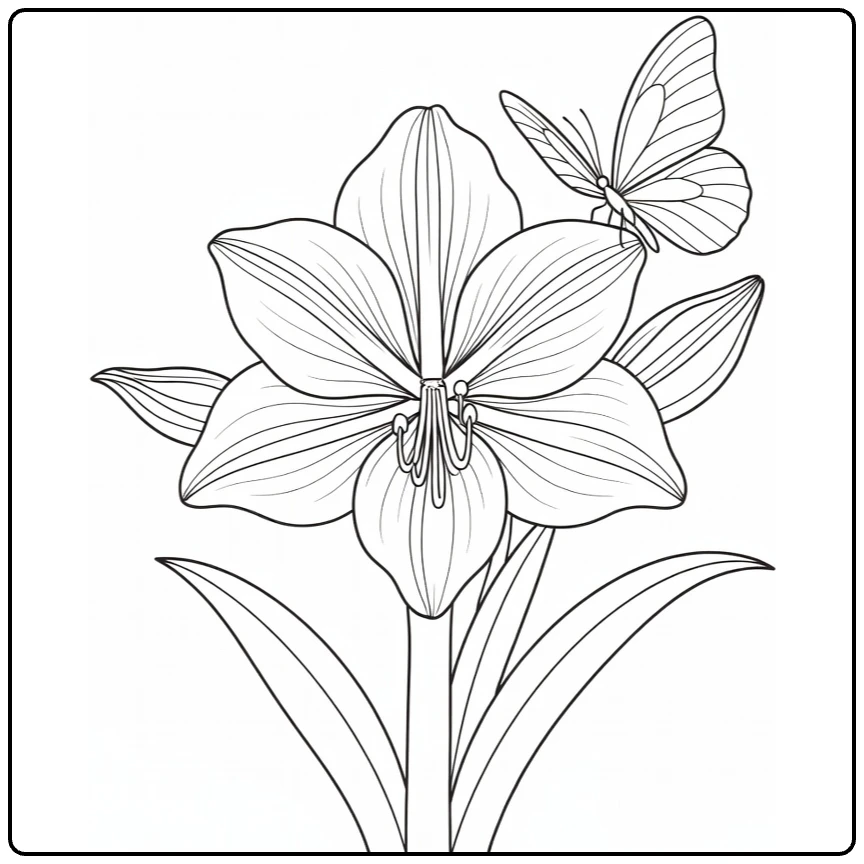 Amaryllis coloring page showing a butterfly on the flower