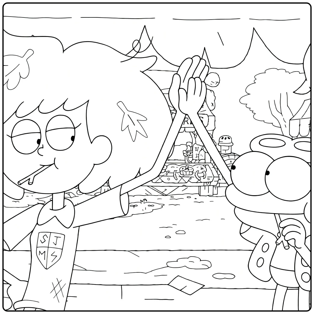 Amphibia coloring page with Anne and Sprig high-fiving in the swamp