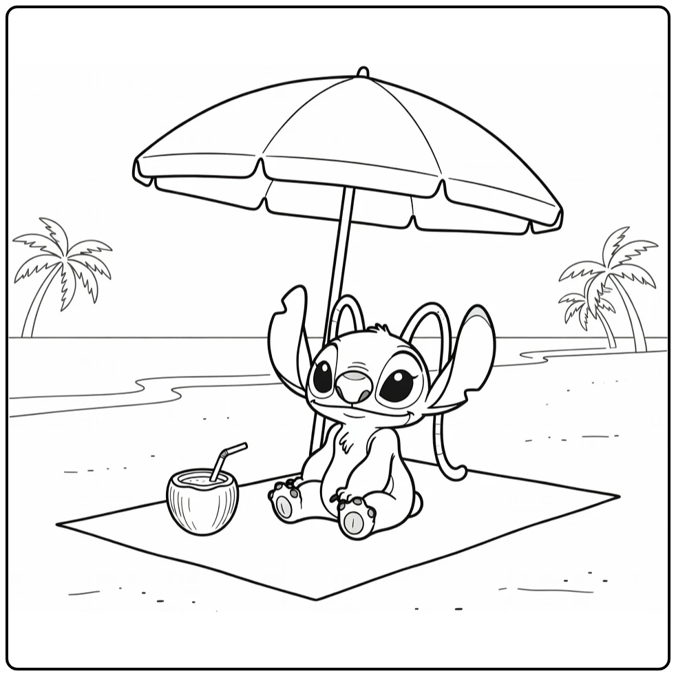 angel Stitch Stitch at Het Beach with Kokos coloring page