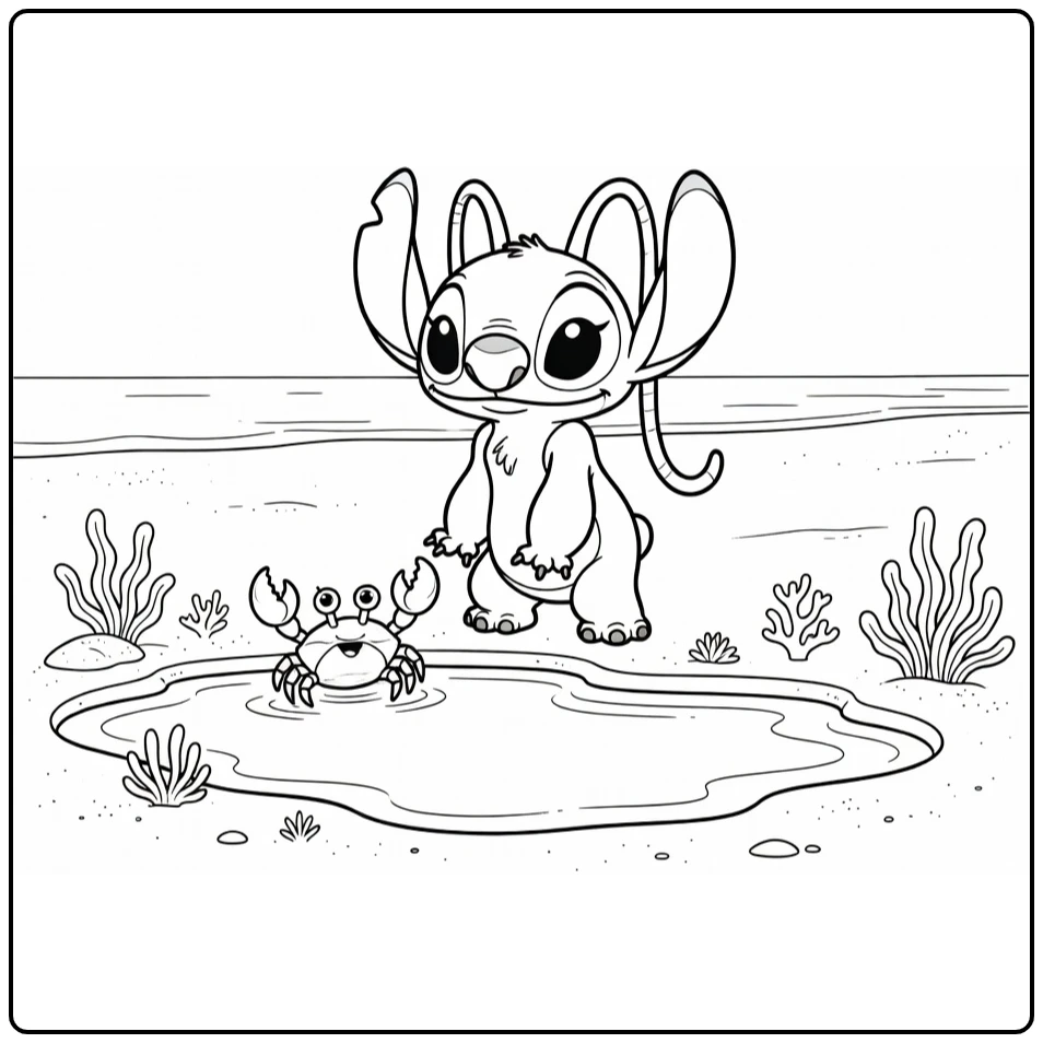 angel Stitch Stitch with Krab on Beach coloring page