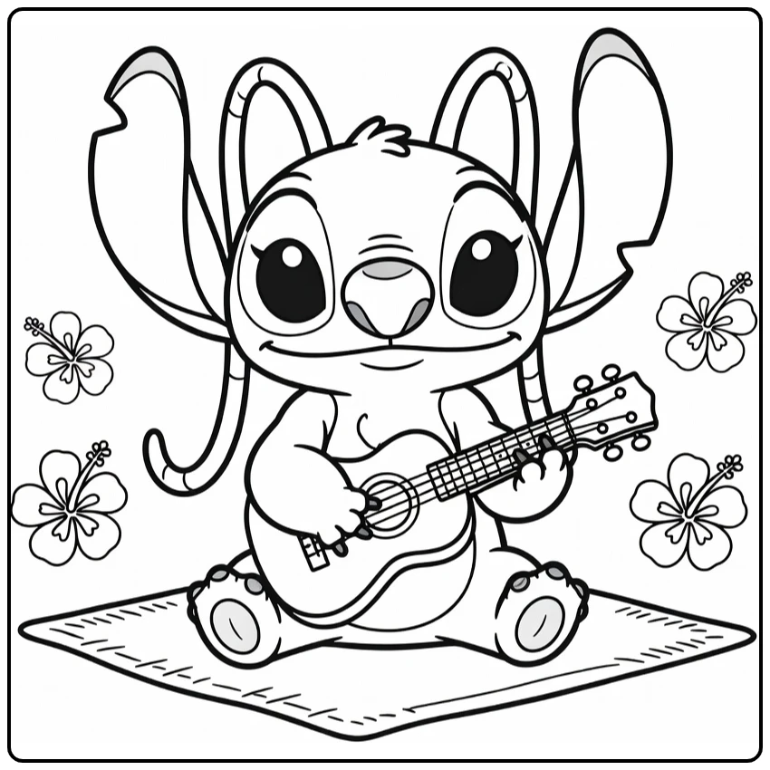 angel Stitch Stitch with Muziek and Flowers coloring page