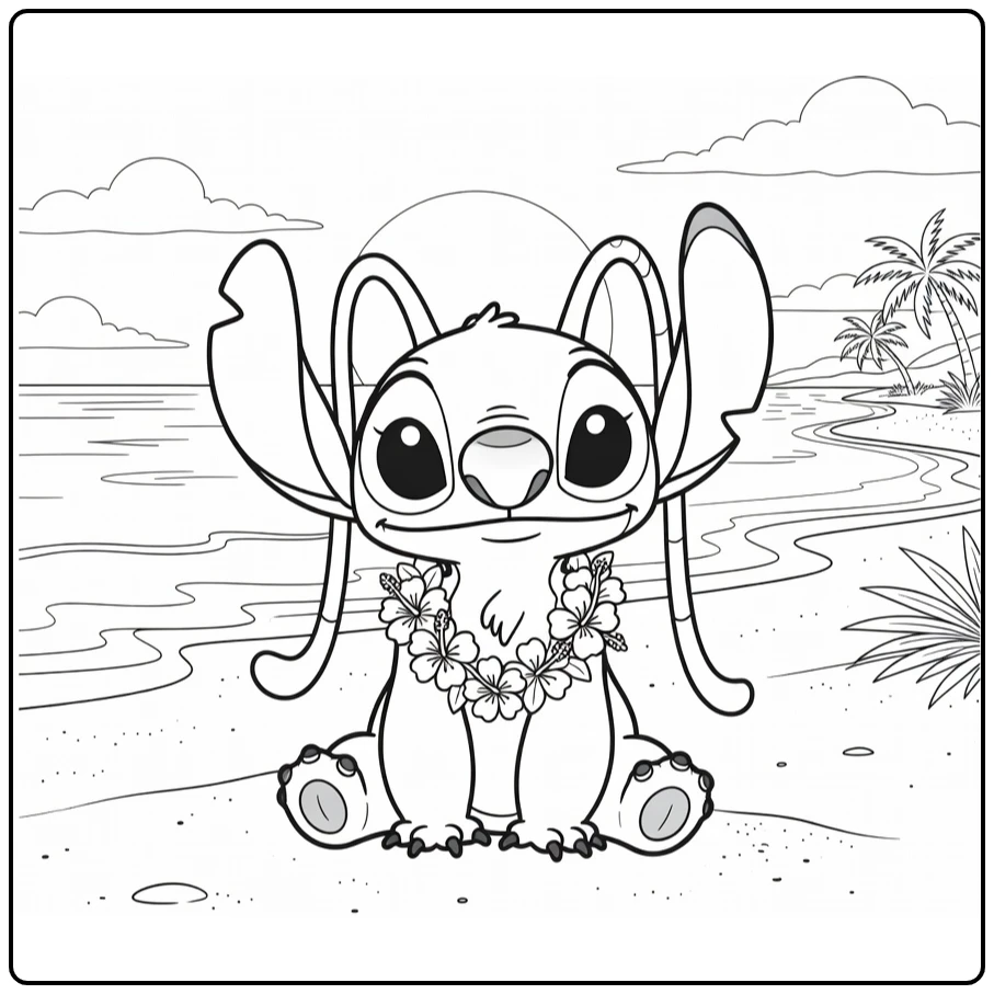 angel Stitch Stitch on Tropical Beach coloring page