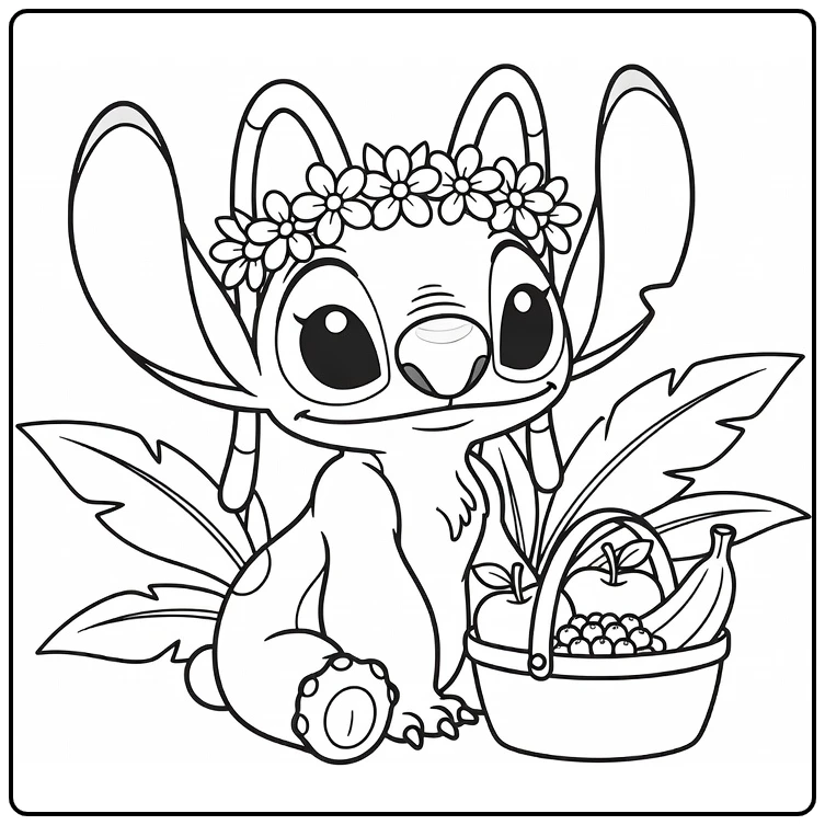 angel Stitch Cute Stitch with Flowers coloring page