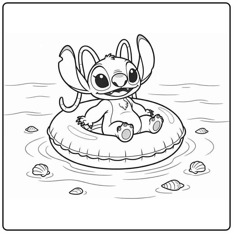 Angel coloring page with Stitch on a float