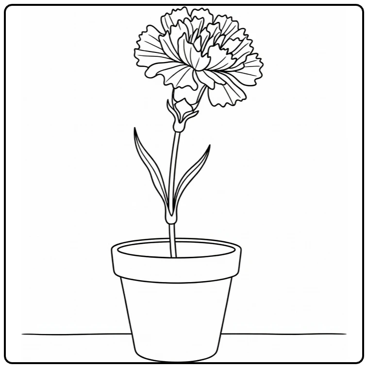 Carnation coloring page showing a single potted flower