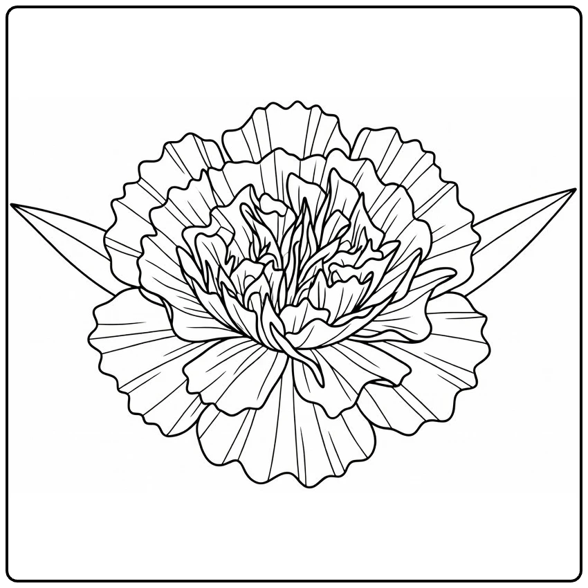 Close-up carnation coloring page with layered ruffled petals