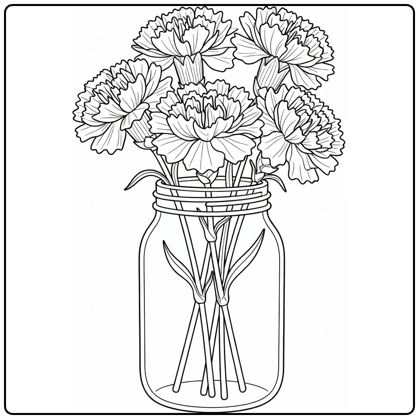 Carnation coloring page featuring a jar filled with flowers