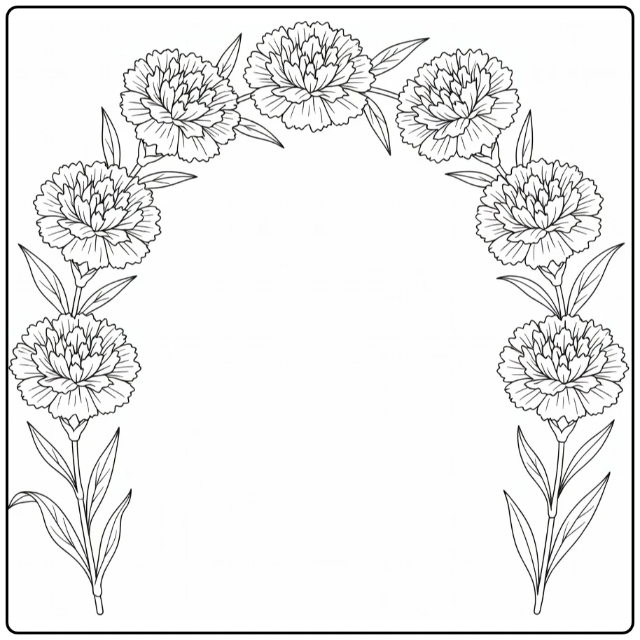 Carnation coloring page featuring a decorative arch of flowers