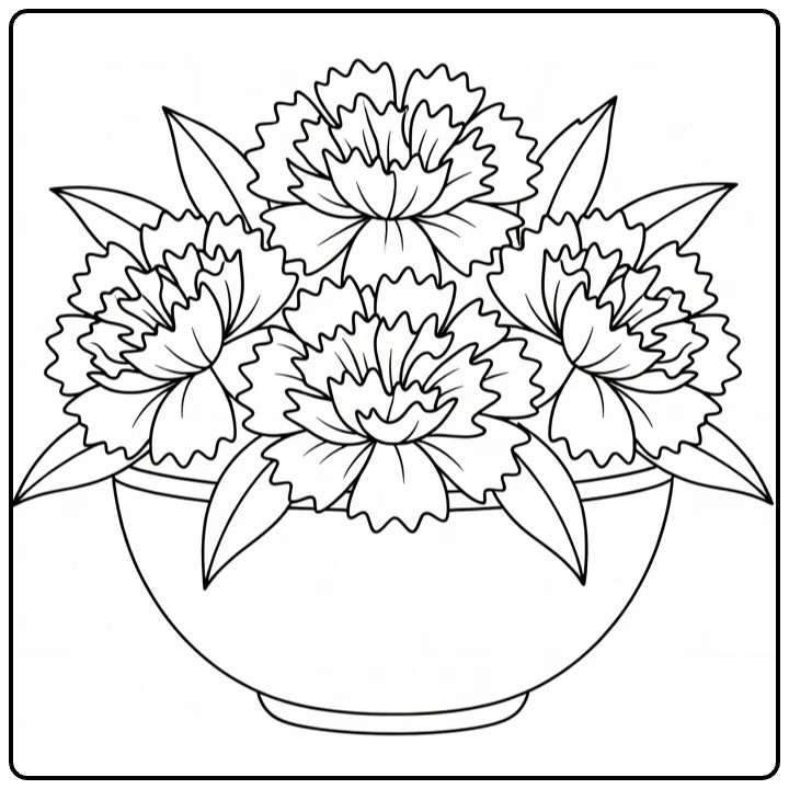 Carnation coloring page showing several flowers in a ceramic bowl