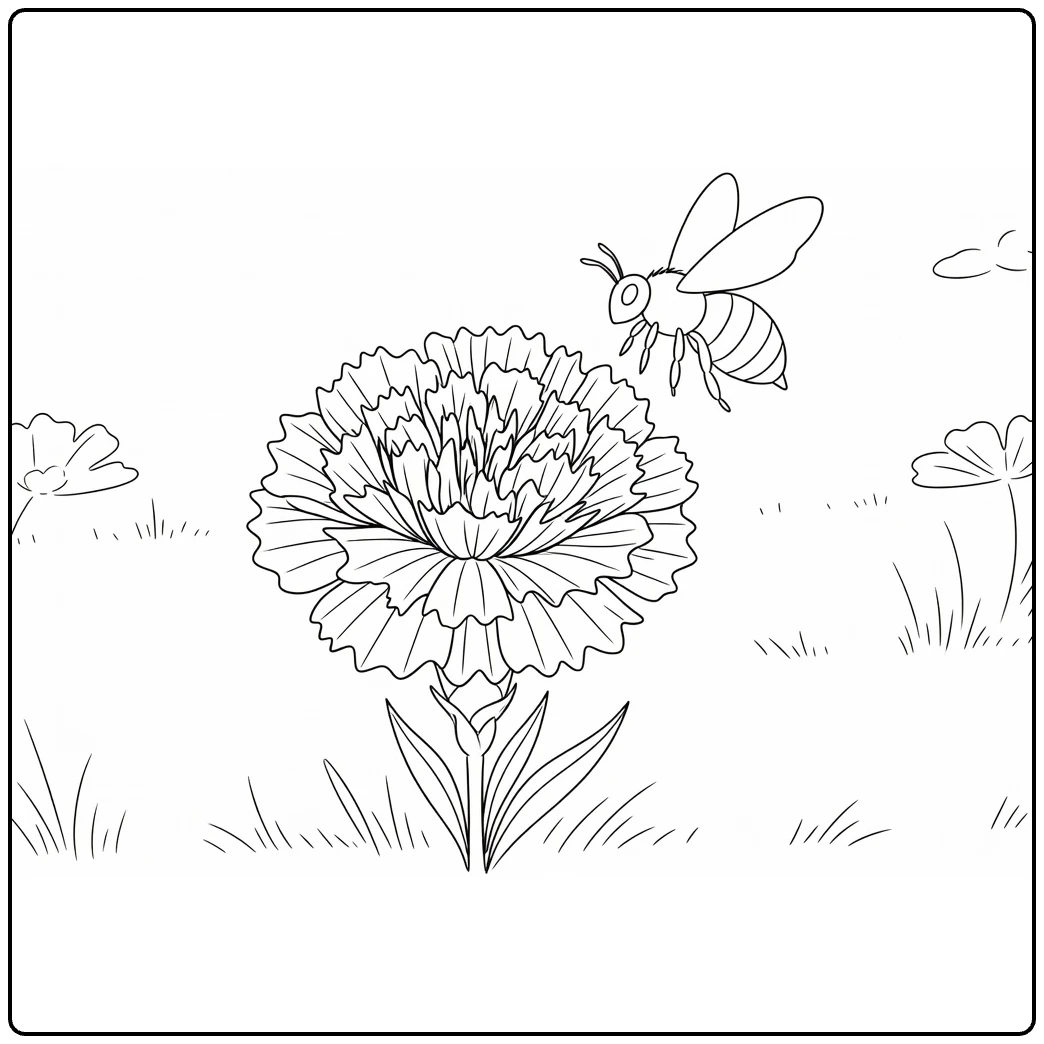 Carnation coloring page featuring a bee near a ruffled flower