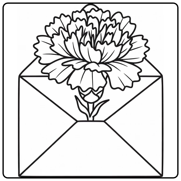 Carnation coloring page featuring a ruffled flower inside an envelope