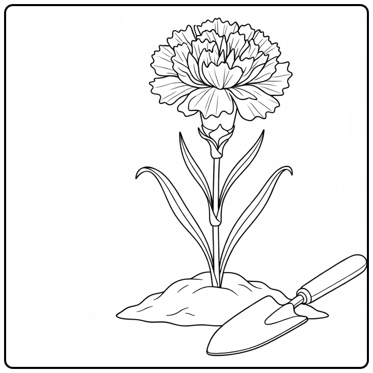 Carnation coloring page showing a garden flower and small trowel