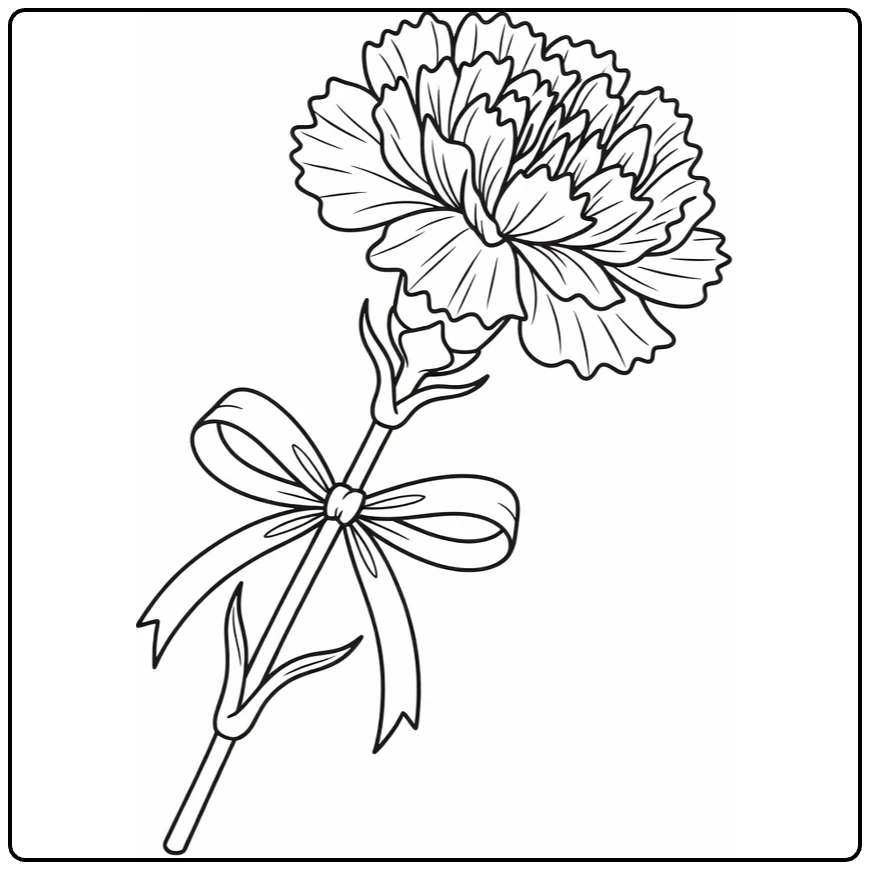 Carnation coloring page showing a flower stem with a gift bow
