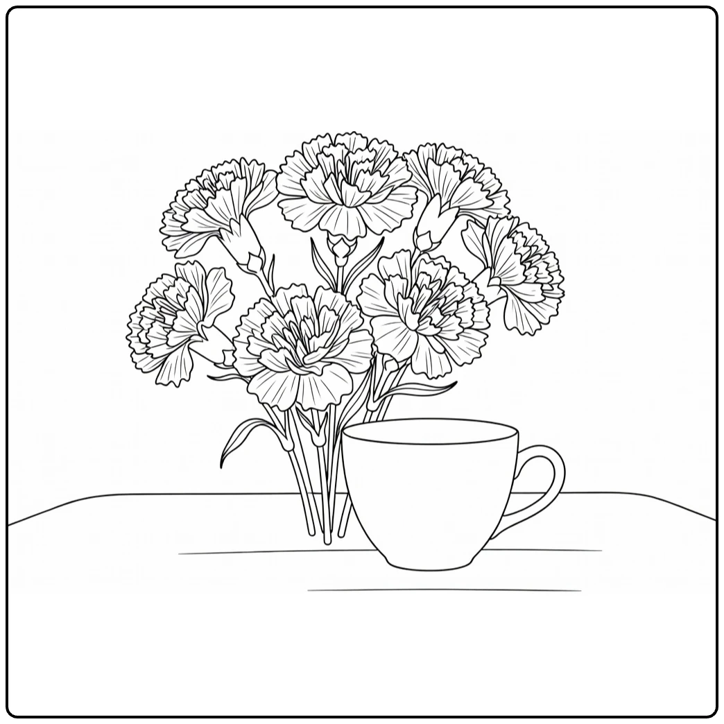 Carnation coloring page showing a flower bouquet next to a teacup