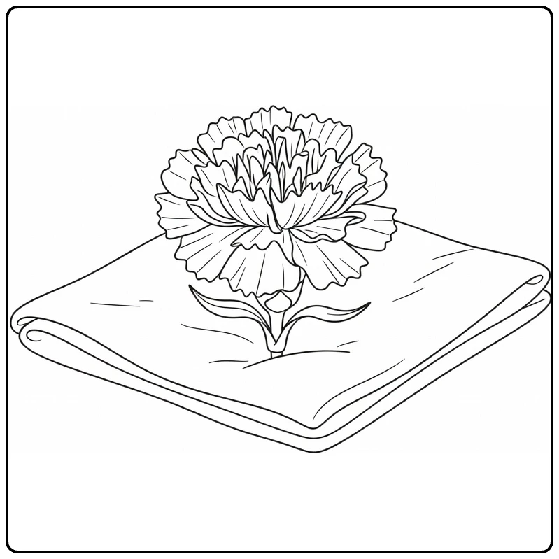 Carnation coloring page showing a ruffled bloom on folded fabric