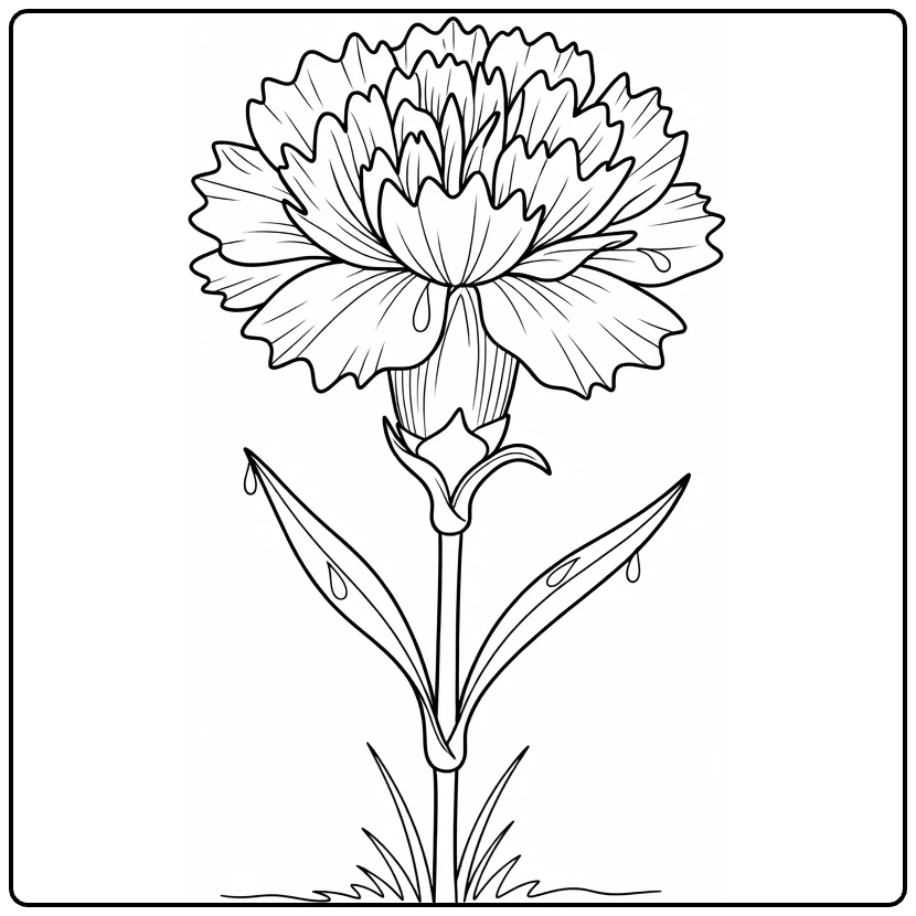 Carnation coloring page showing one flower with delicate water drops