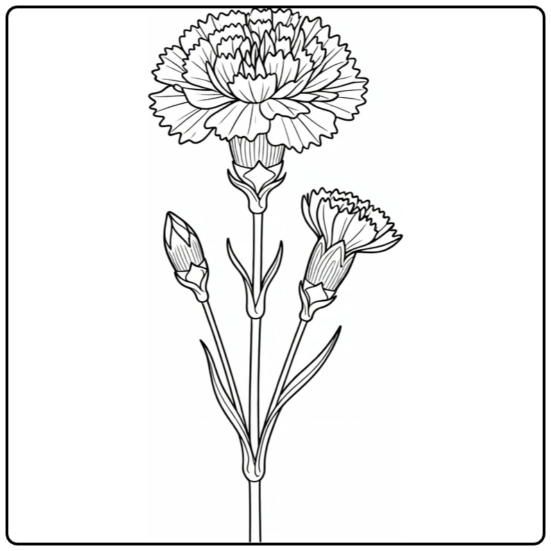 Carnation coloring page showing a tall flower stem and two buds