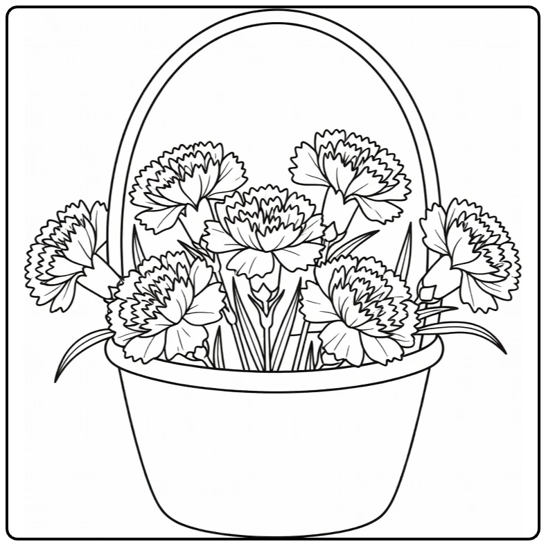 Carnation coloring page featuring a basket full of ruffled flowers