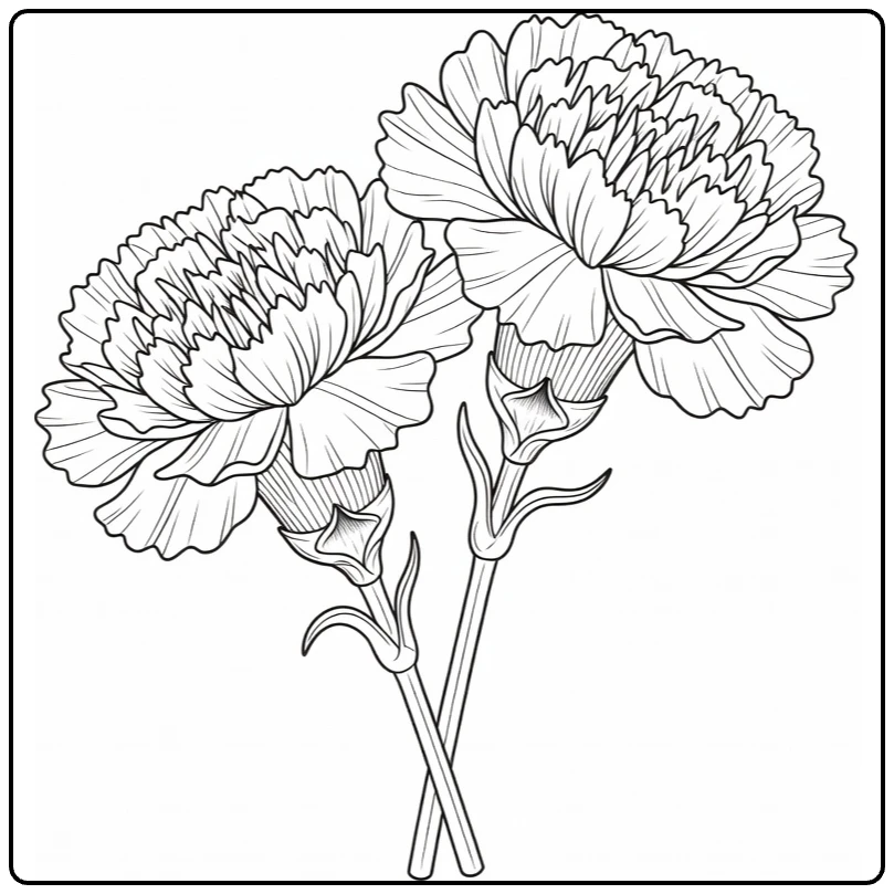 Carnation coloring page featuring two crossed flowers with ruffled petals