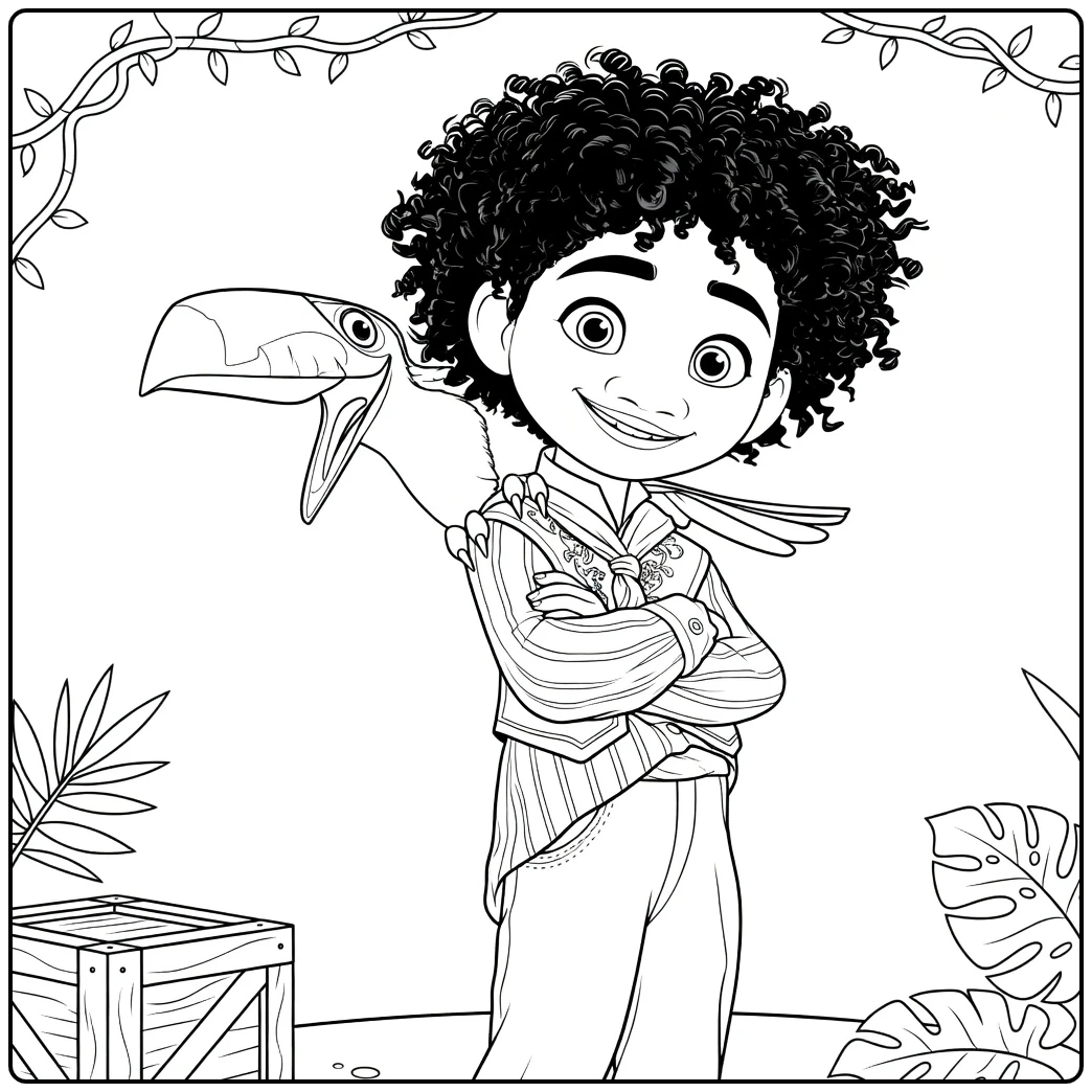 Antonio Madrigal coloring page with a toucan in the jungle