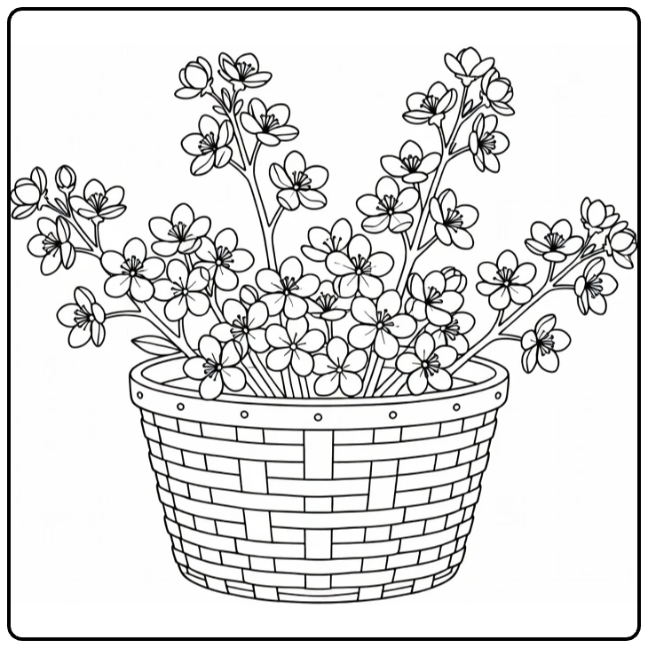 Apple blossom coloring page featuring a woven basket full of blooms