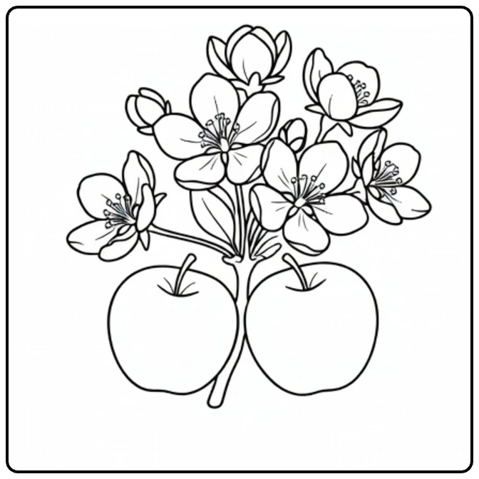 Apple blossom coloring page showing spring flowers and two young apples
