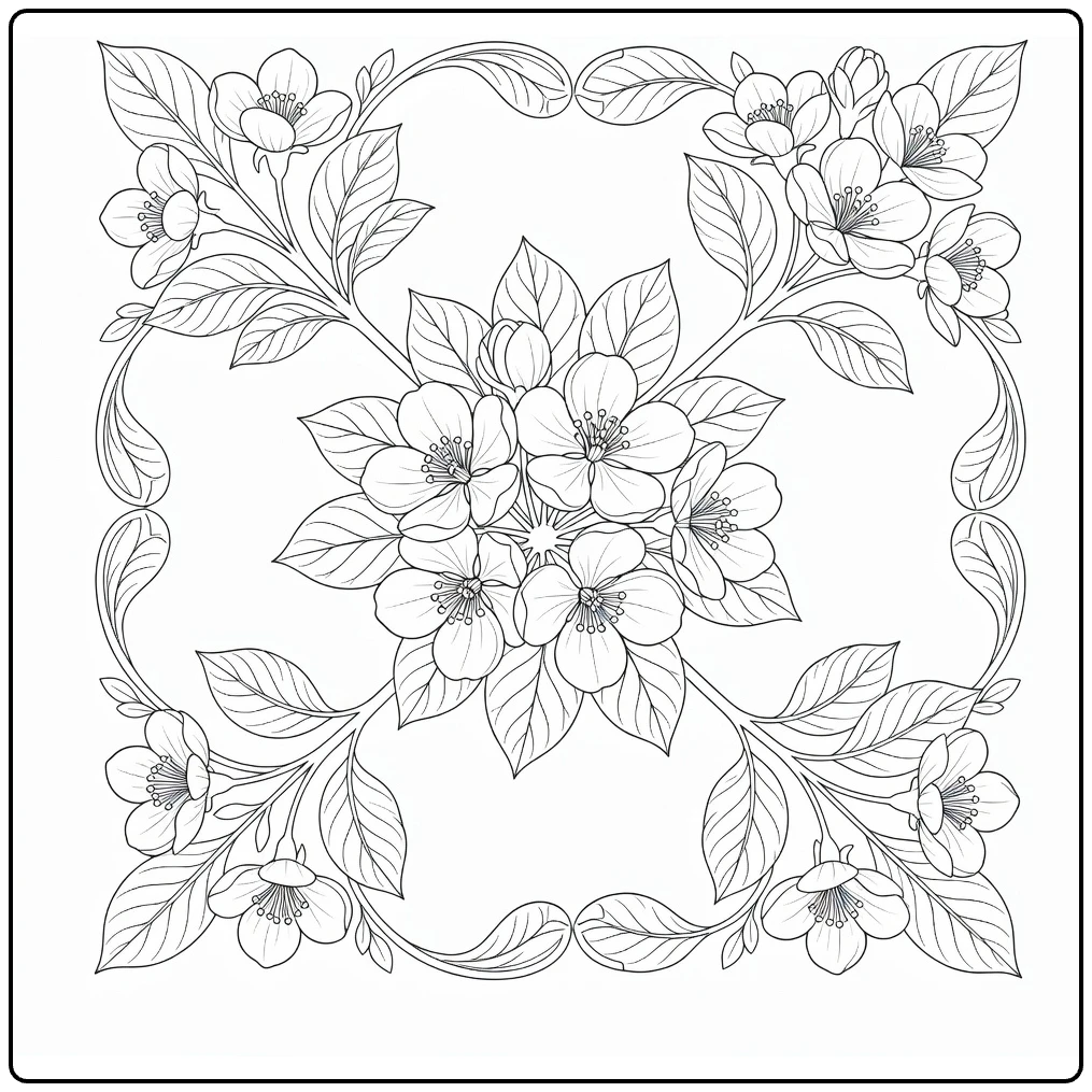 Apple blossom coloring page with flowers and leaves in a decorative frame