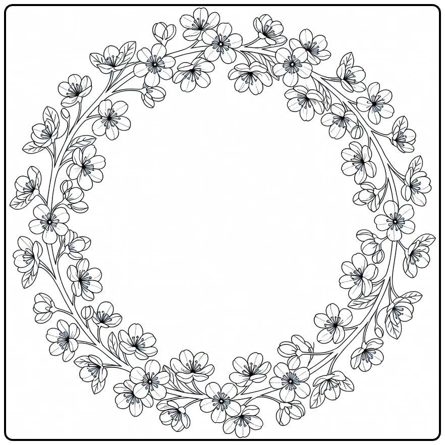 Decorative apple blossom coloring page featuring a circular flower wreath