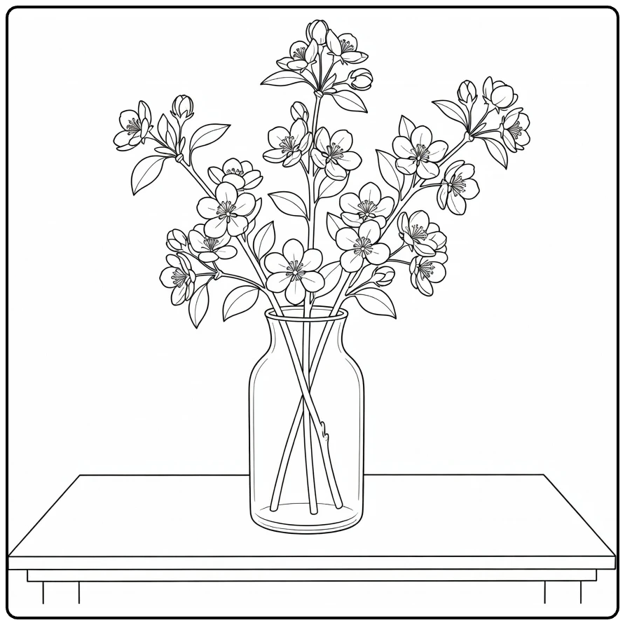 Apple blossom coloring page showing branches arranged in a glass vase