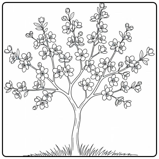 Spring coloring page showing a small apple tree covered in blossoms